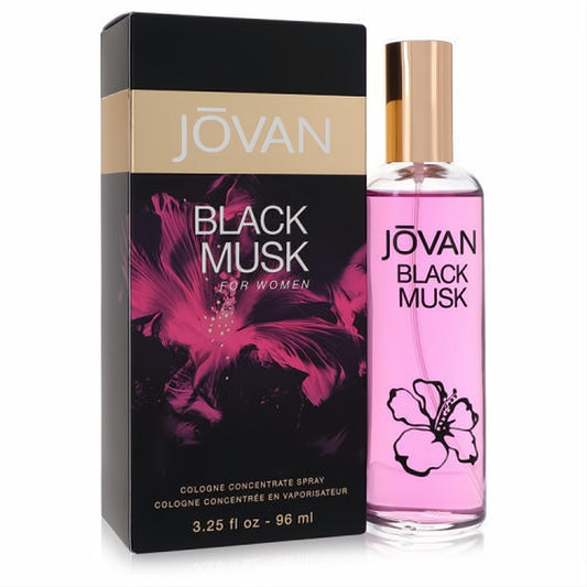 Jovan Black Musk women's 3.25 oz cologne spray. Alluring pink liquid in a clear bottle with gold cap and hibiscus design. Elegant black box.