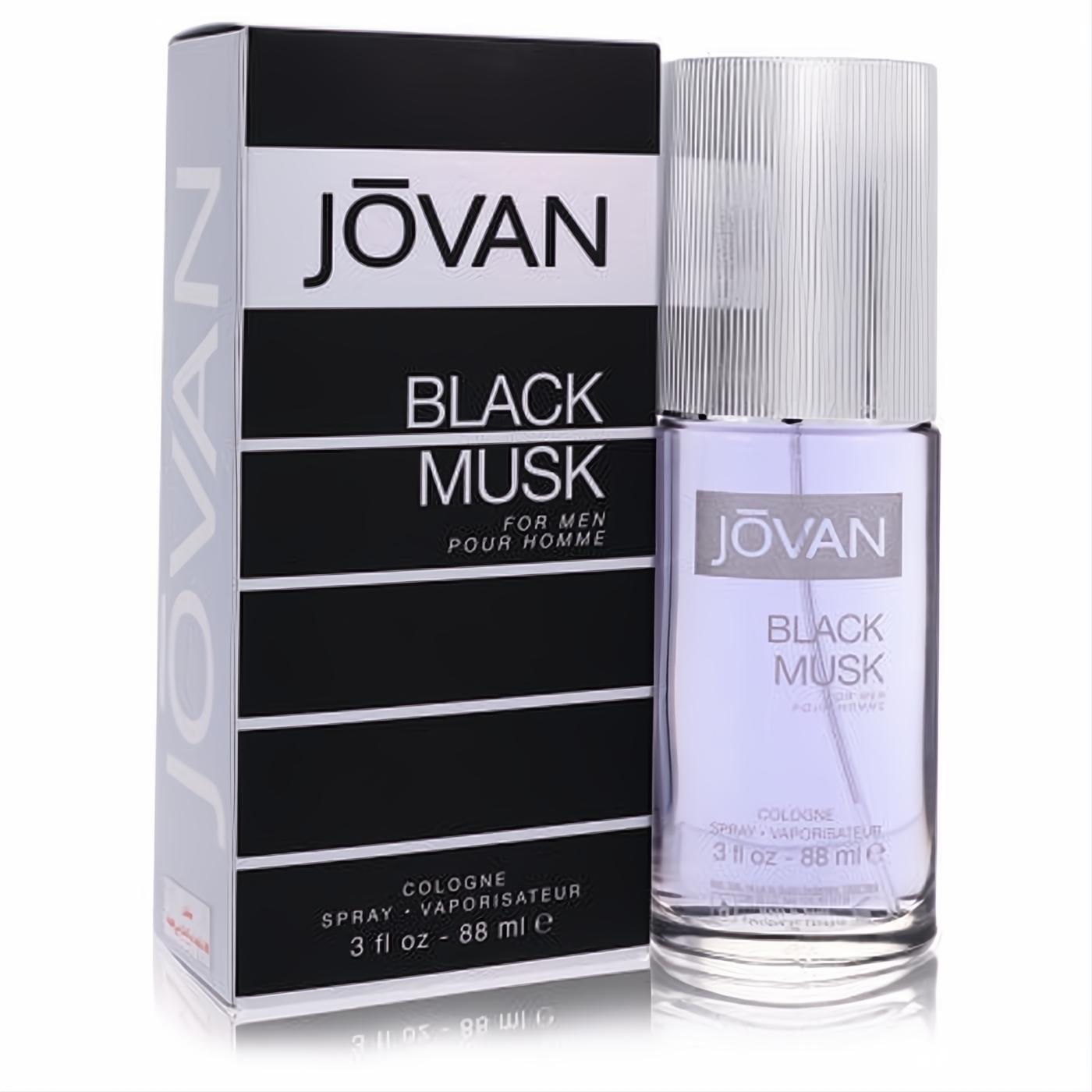 Jovan Black Musk 3 oz men's cologne spray. Clear glass bottle with lavender liquid, silver cap, and sleek black box.