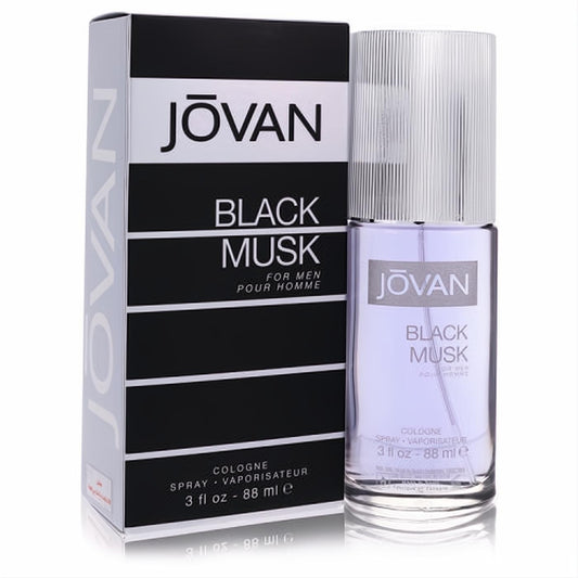 Jovan Black Musk 3 oz men's cologne spray. Clear glass bottle with lavender liquid, silver cap, and sleek black box.