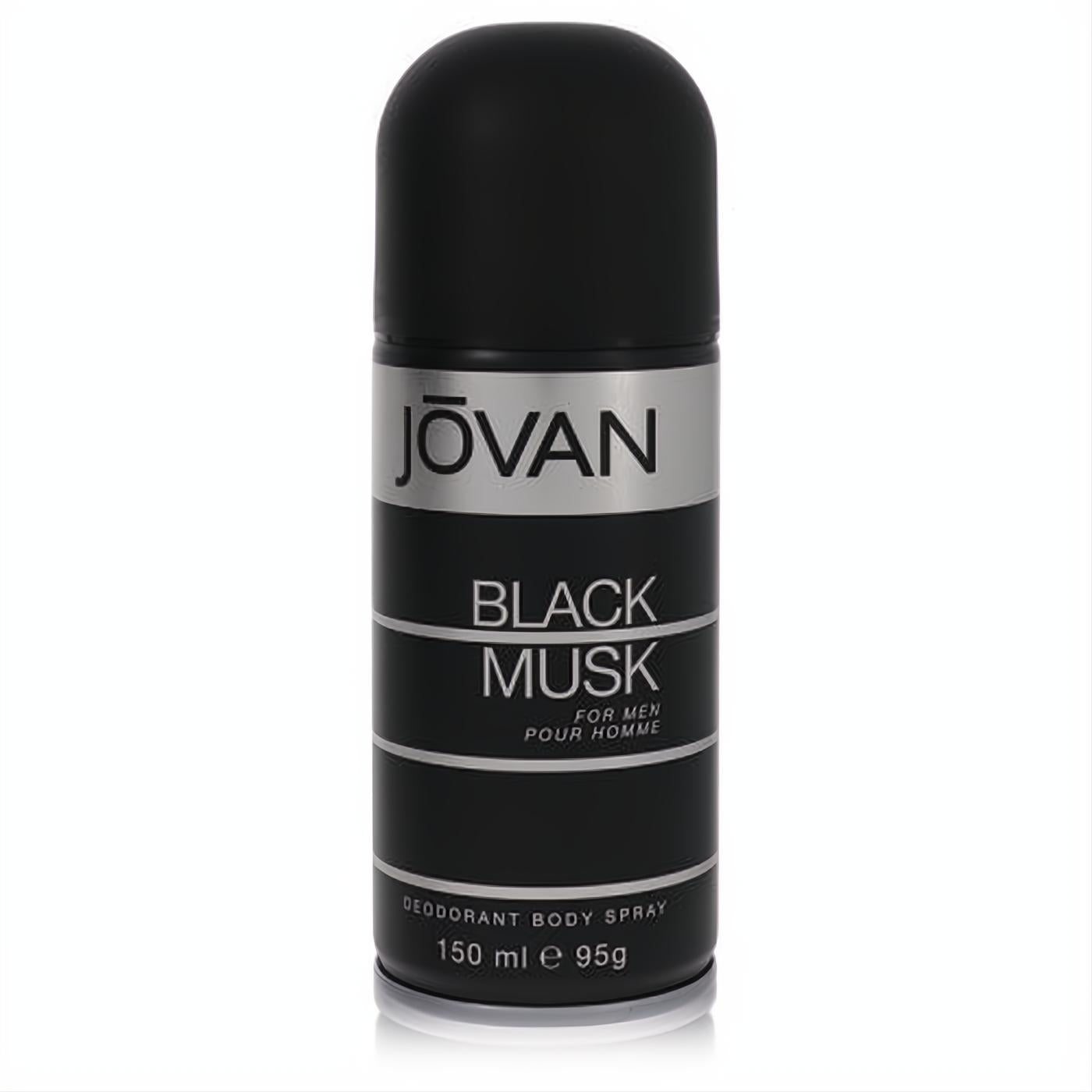 Jovan Black Musk men's deodorant body spray, 5 oz sleek black can with silver branding for lasting freshness.