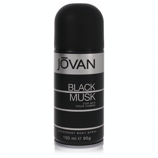 Jovan Black Musk men's deodorant body spray, 5 oz sleek black can with silver branding for lasting freshness.