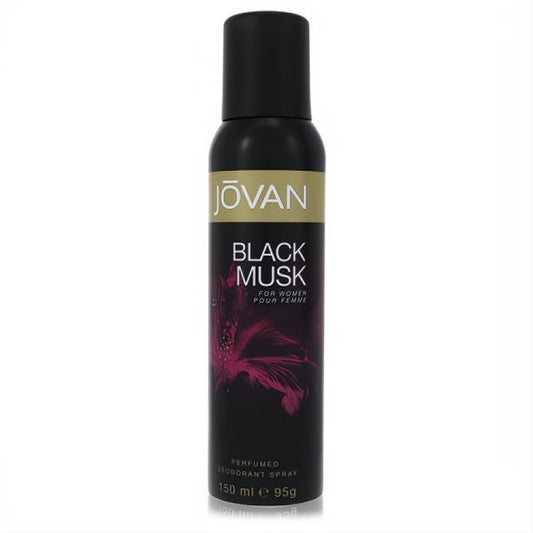 Jovan Black Musk 5 oz women's perfumed deodorant spray. Sleek black can with elegant gold branding and a vibrant pink floral design.