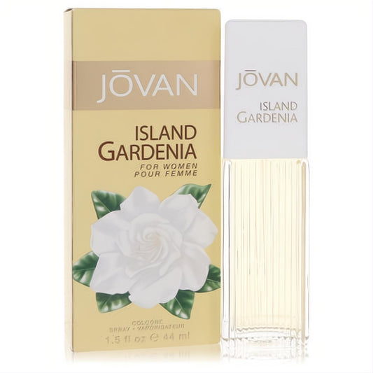 Jovan Island Gardenia 1.5 oz cologne spray. Elegant clear bottle with white cap, displayed beside its beautiful yellow box featuring a white gardenia.