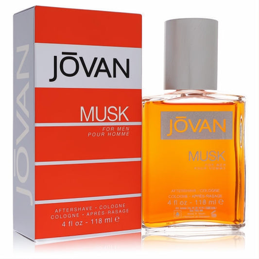 Jovan Musk 4 oz men's cologne. Amber liquid in a sleek glass bottle with a gray cap, displayed with its vibrant orange and white box.
