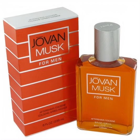 Experience the classic Jovan Musk For Men 8 oz after shave cologne. Features an amber bottle, silver cap, and vibrant orange striped box.
