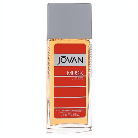 Elevate your scent with Jovan Musk men's body spray, 2.5 oz. Clear bottle, bold red label, sleek gray cap, ribbed design.