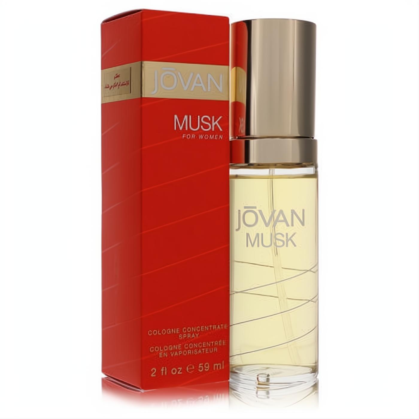 Captivating Jovan Musk 2 oz women's cologne spray in a clear glass bottle with a luxurious gold cap, presented in a striking red box.