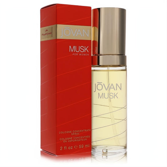Captivating Jovan Musk 2 oz women's cologne spray in a clear glass bottle with a luxurious gold cap, presented in a striking red box.