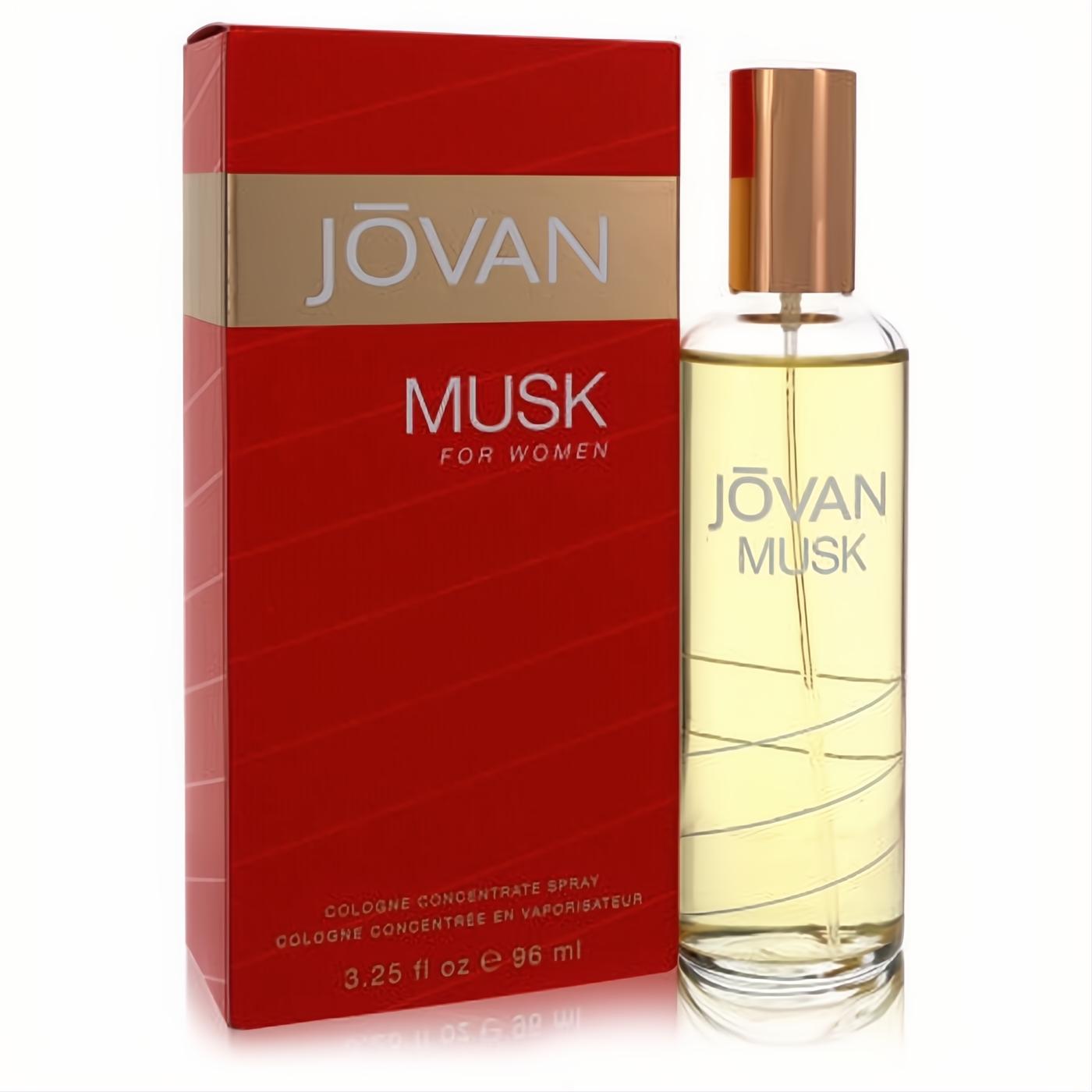 Jovan Musk for Women 3.25 oz cologne spray. Clear bottle with amber liquid, gold cap, and elegant red & gold packaging.