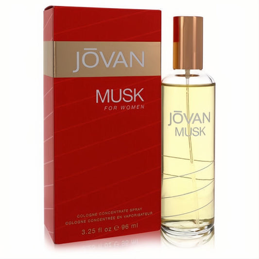Jovan Musk for Women 3.25 oz cologne spray. Clear bottle with amber liquid, gold cap, and elegant red & gold packaging.