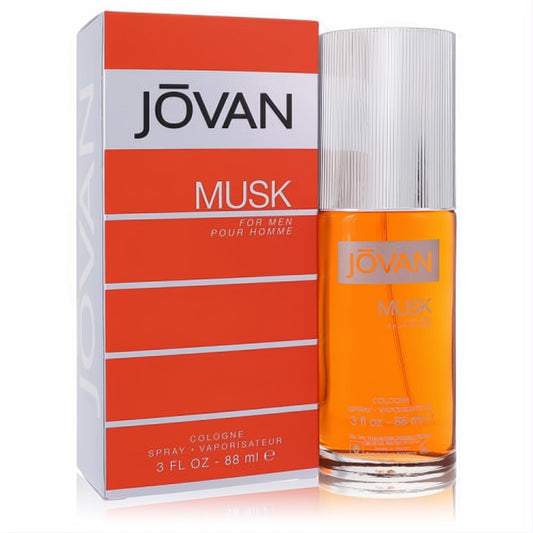 Iconic Jovan Musk men's cologne spray, 3 oz amber glass bottle with silver cap, displayed with its vibrant orange and silver box.