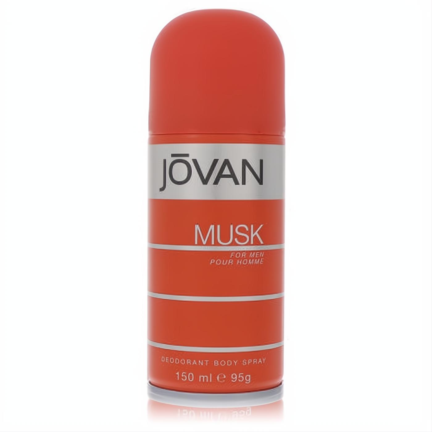 Vibrant red Jovan Musk deodorant body spray for men, 150ml. Features sleek silver band and crisp white branding.