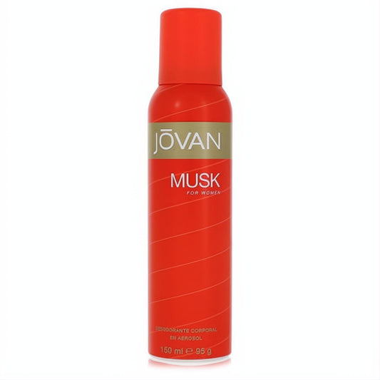 Jovan Musk for Women 150ml deodorant spray. Vibrant red aerosol can with signature gold and white branding.