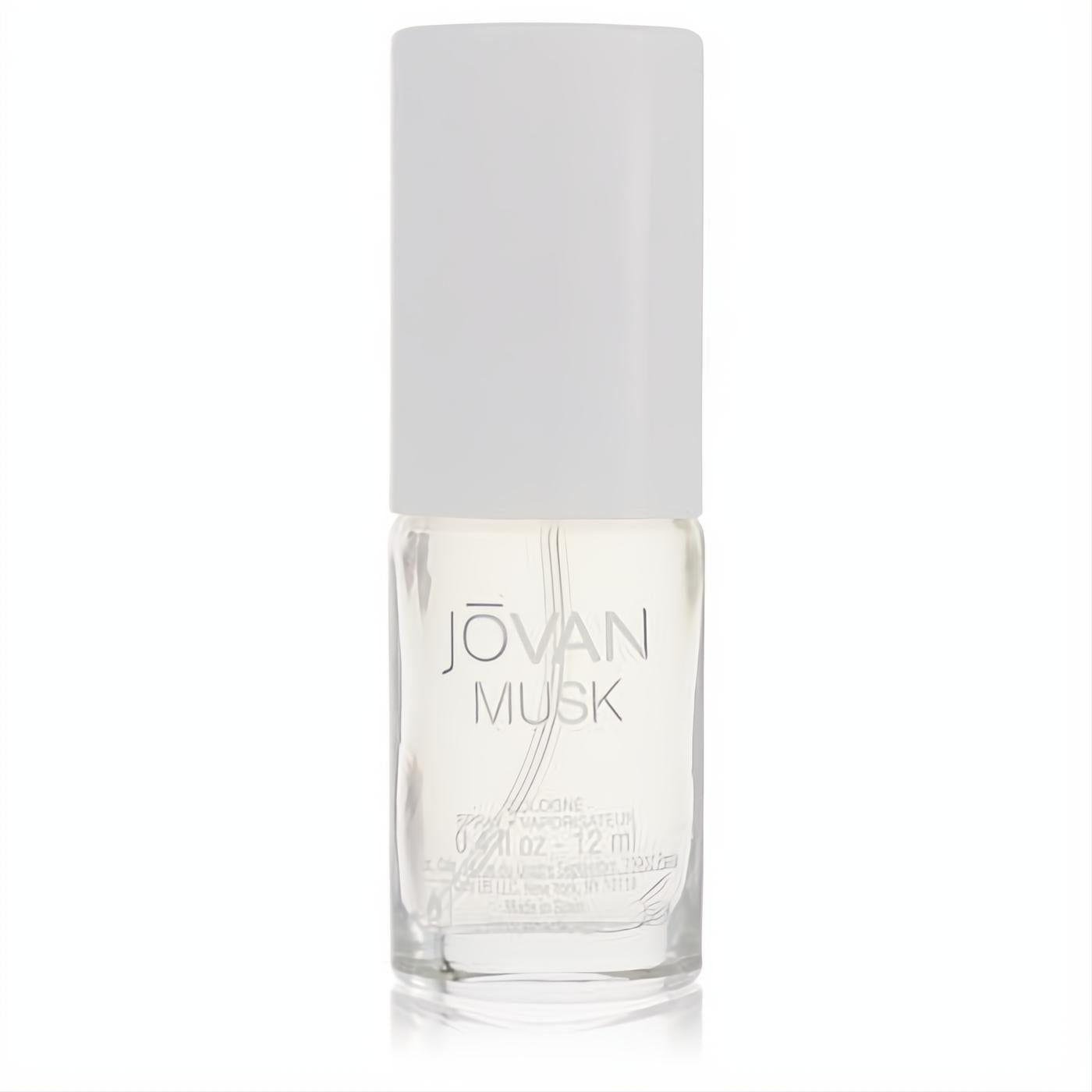 Jovan Musk men's .4 oz cologne spray. Sleek clear glass bottle with a crisp white cap, perfect for travel.