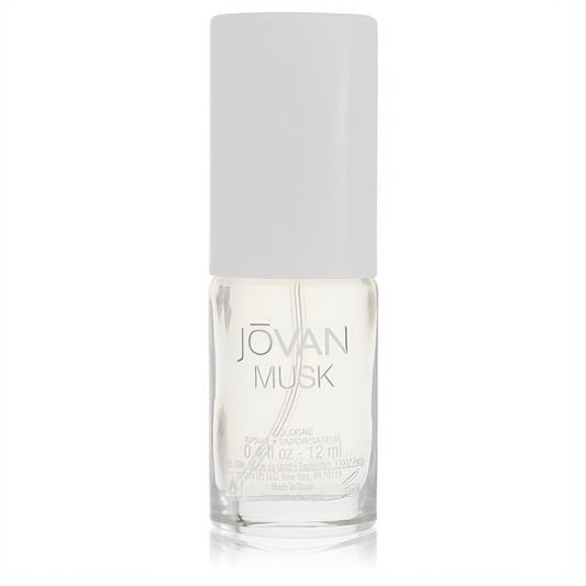 Jovan Musk men's .4 oz cologne spray. Sleek clear glass bottle with a crisp white cap, perfect for travel.
