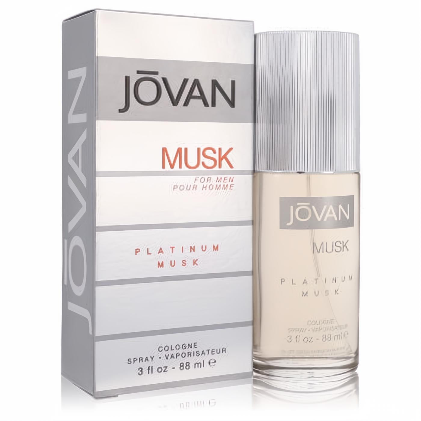 Jovan Platinum Musk cologne for men, 3 oz clear glass spray bottle with silver ribbed cap, beside its sleek silver box.