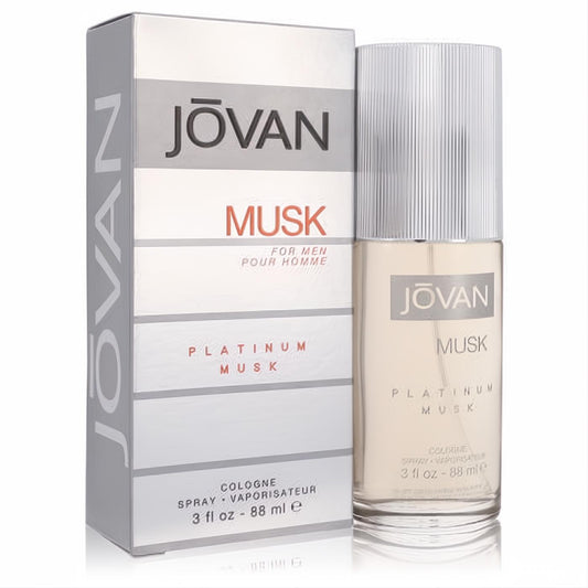 Jovan Platinum Musk cologne for men, 3 oz clear glass spray bottle with silver ribbed cap, beside its sleek silver box.