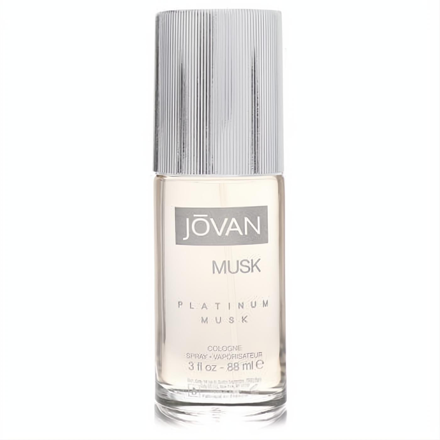 Jovan Platinum Musk men's cologne, 3 oz clear glass spray bottle with elegant silver ribbed cap.