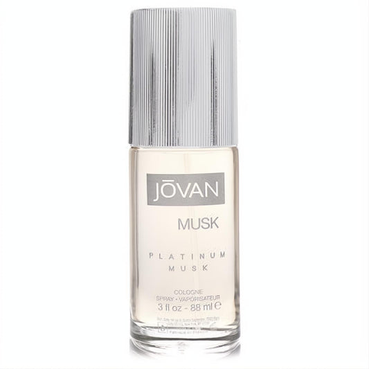 Jovan Platinum Musk men's cologne, 3 oz clear glass spray bottle with elegant silver ribbed cap.