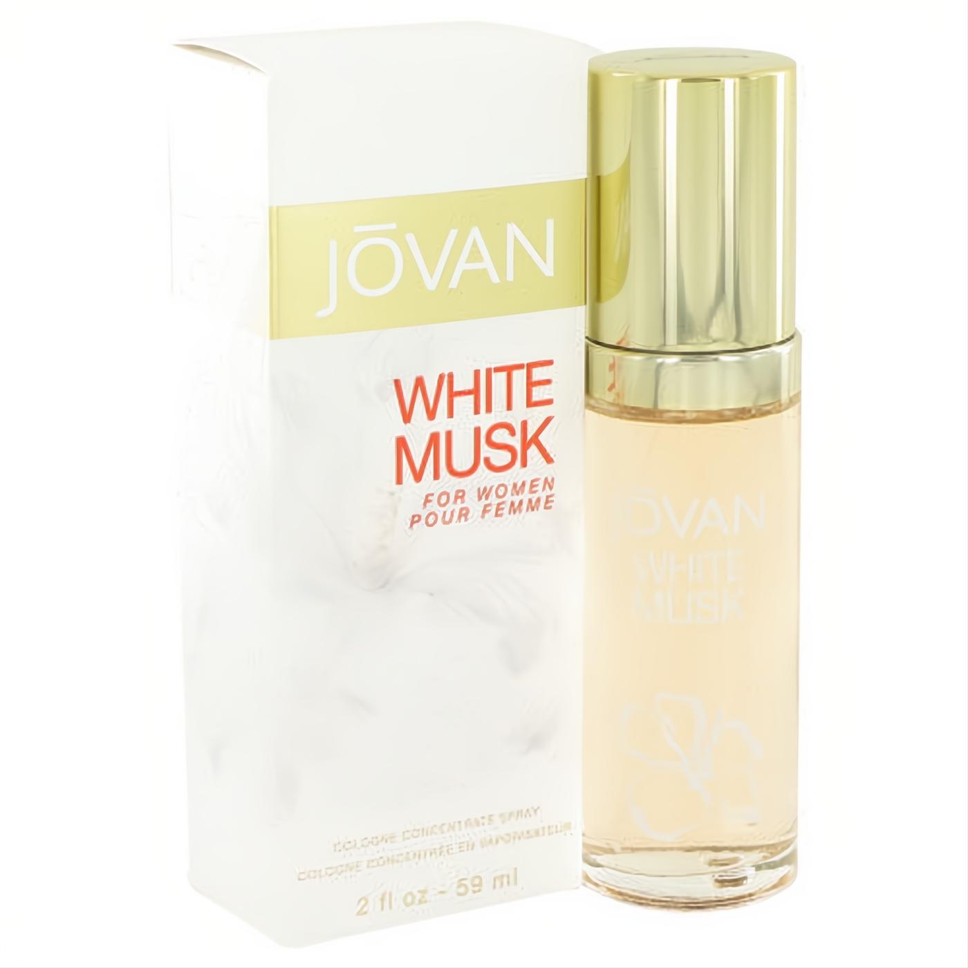 Elegant Jovan White Musk 2 oz cologne spray for women, featuring a clear bottle with amber liquid, gold cap, and a white feather-design box.