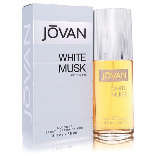 Jovan White Musk for Men 3 oz cologne spray. Clear glass bottle with amber liquid, silver cap, and sleek light gray box.