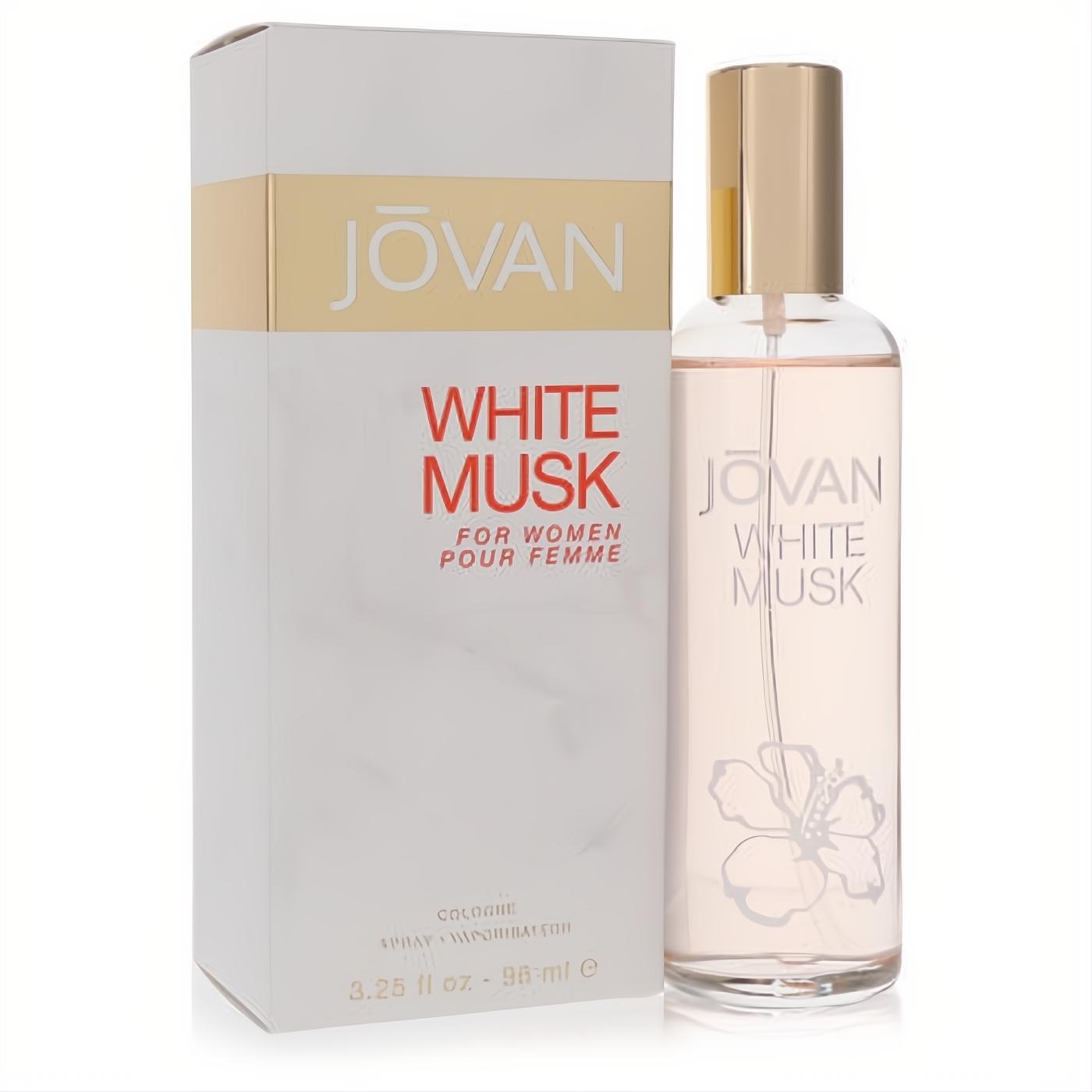 Jovan White Musk 3.2 oz women's cologne spray. Clear bottle with soft pink liquid, gold cap, and elegant white box with gold accents.