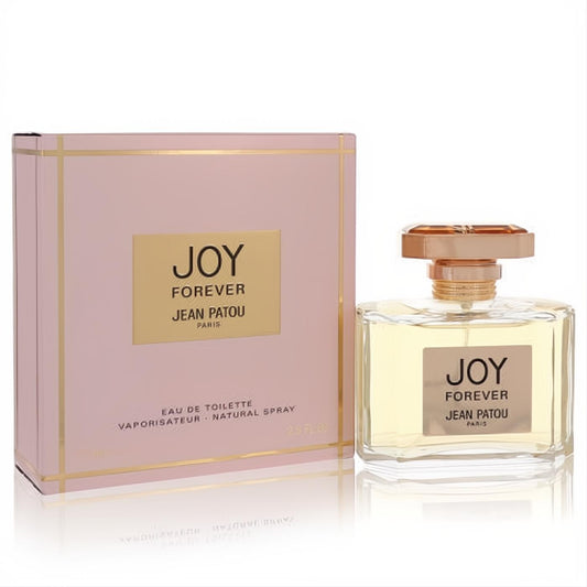 Beautiful Joy Forever Jean Patou 2.5 oz Eau De Toilette spray, featuring a clear glass bottle and elegant blush pink box with gold trim.