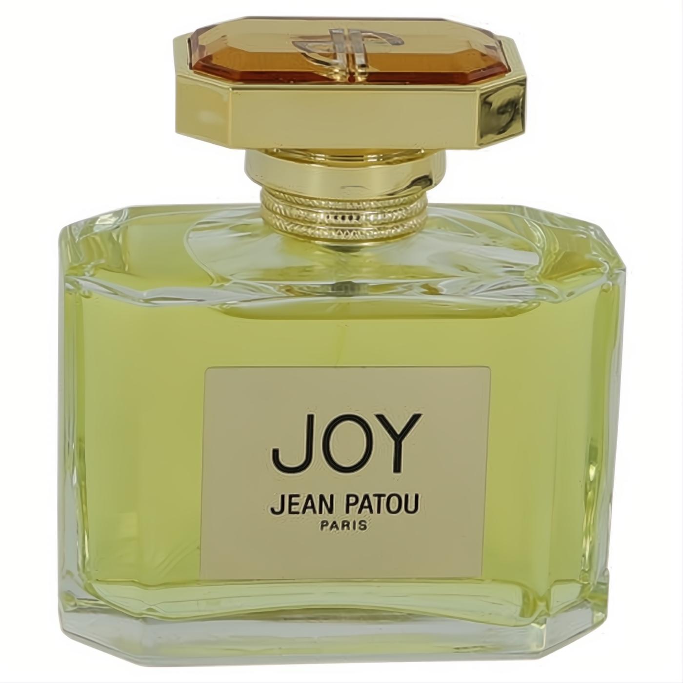 Joy by Jean Patou Eau De Parfum. Elegant clear glass bottle, pale yellow liquid, luxurious gold and amber faceted cap.