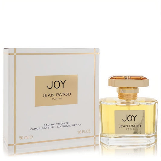 Joy by Jean Patou 1.6 oz Eau De Toilette spray. Elegant clear glass bottle with a gold cap and classic white box.