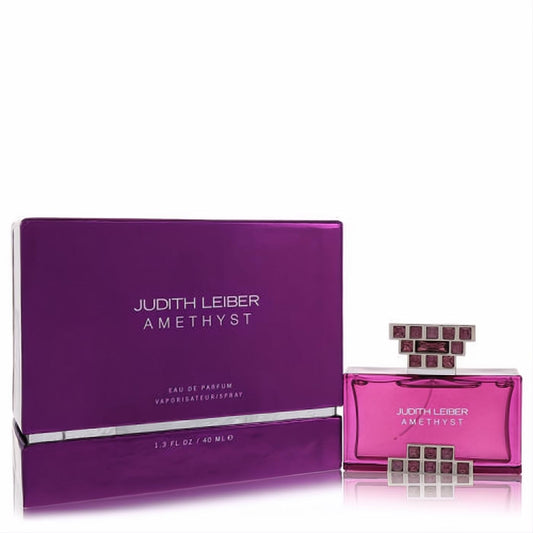 Vibrant Judith Leiber Amethyst 1.3 oz EDP spray bottle with jeweled cap and matching metallic purple box.