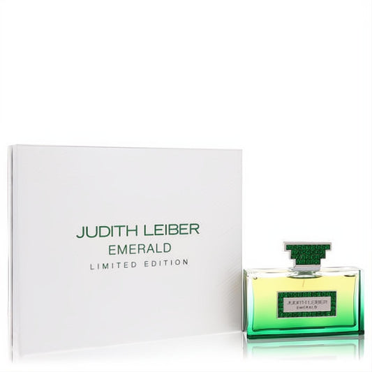 Judith Leiber Emerald Limited Edition perfume: elegant green ombre glass bottle, sparkling jewel cap, and white branded box.