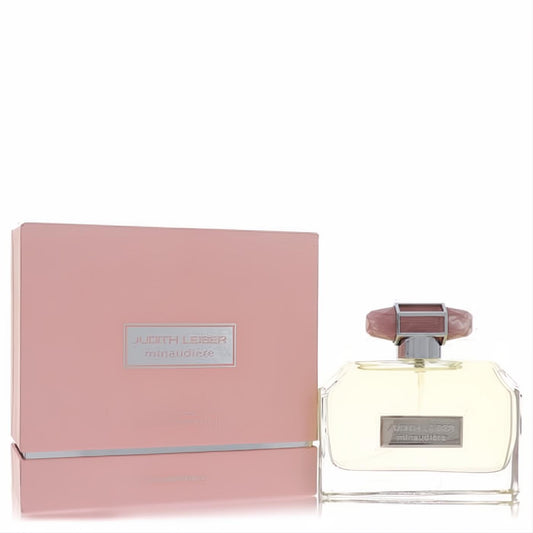 Judith Leiber Minaudiere 3.4 oz EDP in a sleek glass bottle with a distinctive rose gold faceted cap, beside its elegant rose gold box.