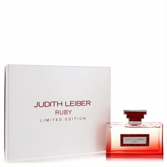 Judith Leiber Ruby Limited Edition Eau de Parfum. Clear bottle with vibrant ruby liquid, elegant red faceted cap, and white box.