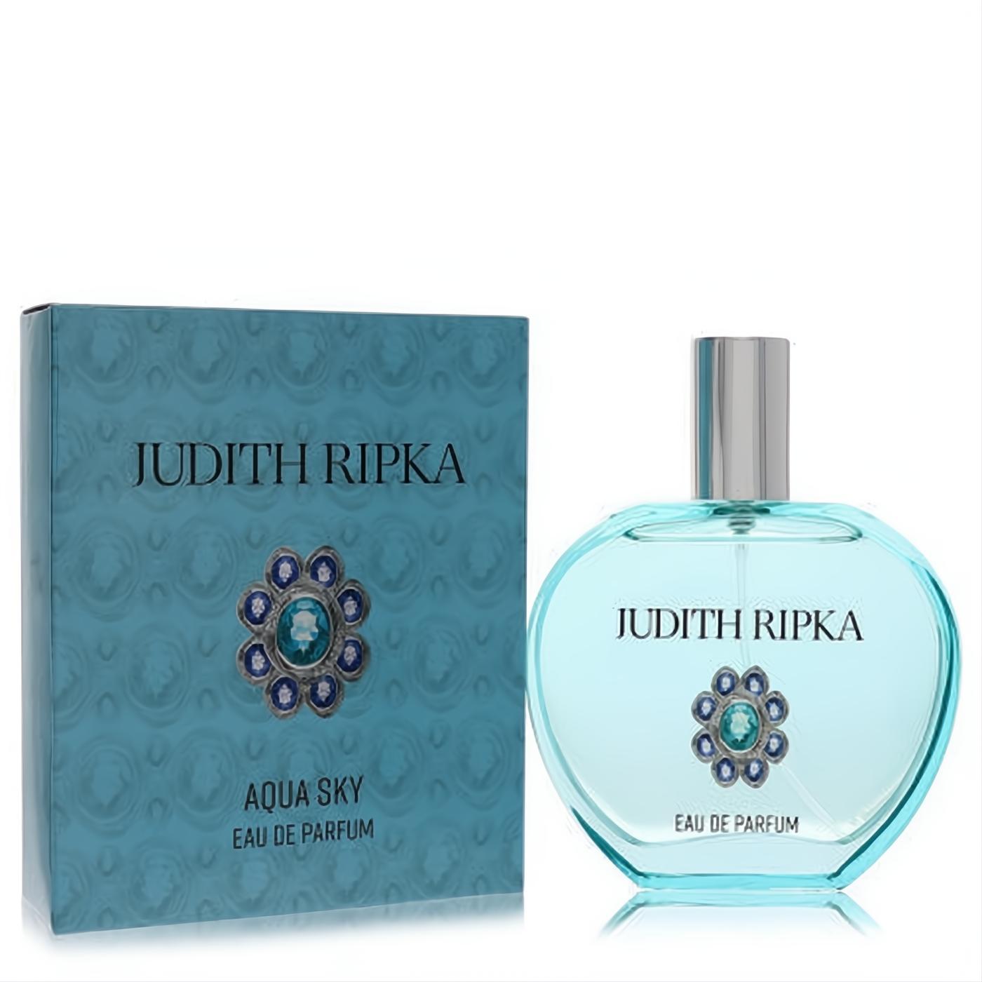 Elegant Judith Ripka Aqua Sky Eau De Parfum. Stunning light blue bottle, silver cap, and sparkling jeweled emblem with matching aqua box.