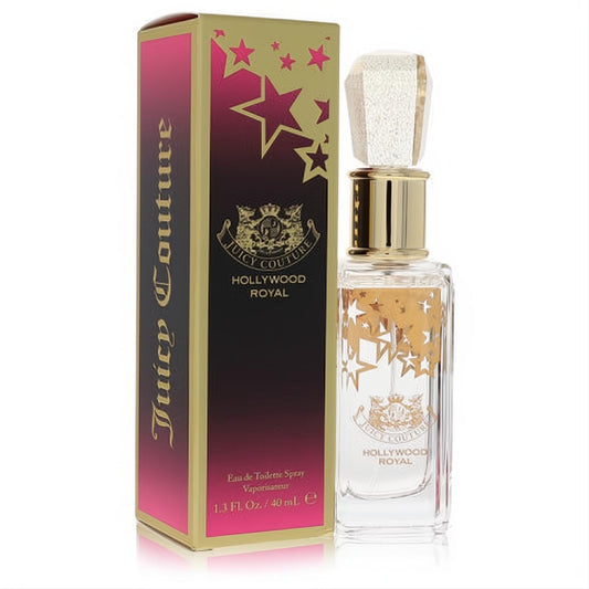 Glamorous Juicy Couture Hollywood Royal 1.3 oz EDT spray. Clear bottle with gold stars, faceted cap, and a vibrant pink & gold box.