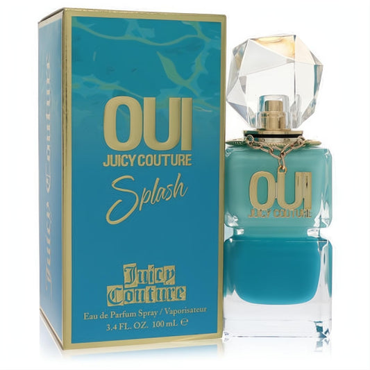 Experience Oui Splash! Juicy Couture 3.4 oz EDP. Teal blue bottle, sparkling faceted cap, gold chain, and matching ripple box.