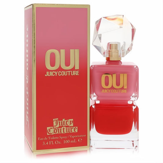 Vibrant Juicy Couture Oui 3.4 oz EDT spray, a red-pink bottle with gold accents and a sparkling faceted cap, displayed with its chic box.