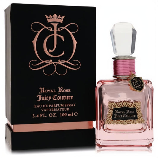 Luxurious Juicy Couture Royal Rose 3.4 oz EDP. Pink glass bottle with ornate gold label, pink ribbon, and elegant black box.