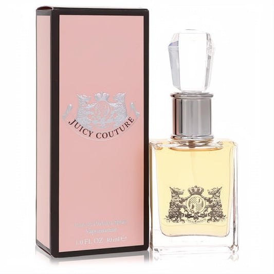 Luxurious Juicy Couture 1 oz Eau De Parfum spray, clear bottle with golden liquid, faceted cap, and pink box with silver crest logo.