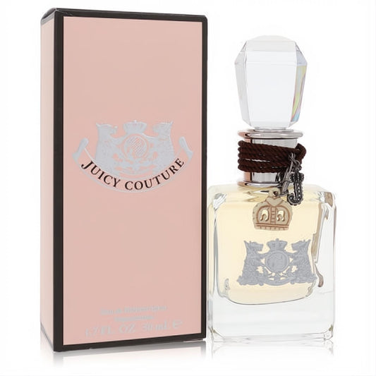Juicy Couture 1.7 oz Eau De Parfum spray bottle featuring a clear faceted cap, brown braided cord, silver crown charm, and matching pink box.