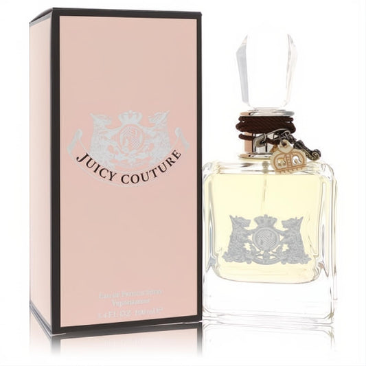 Indulge in Juicy Couture Eau De Parfum 3.4 oz. Clear bottle with a sparkling cap, crown charm, and iconic pink crest box.