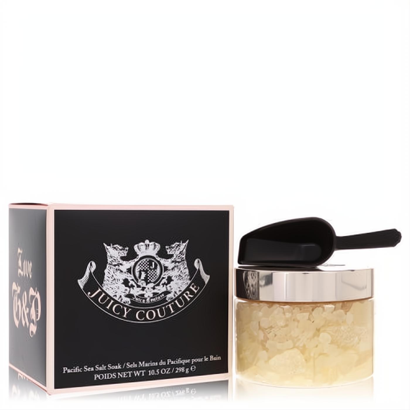 Pamper yourself with Juicy Couture Pacific Sea Salt Soak, 10.5 oz. Elegant black gift box, clear jar of golden bath salts, and scoop.