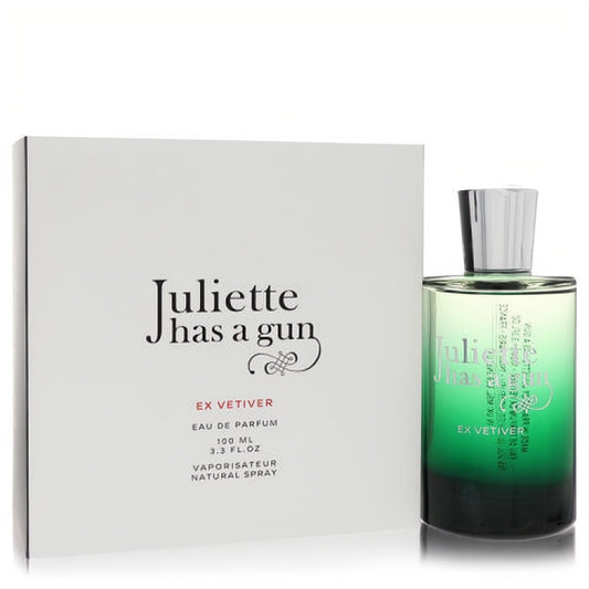 Juliette Has A Gun Ex Vetiver unisex Eau De Parfum. Green glass 3.3 fl.oz spray bottle with silver cap and elegant white box.
