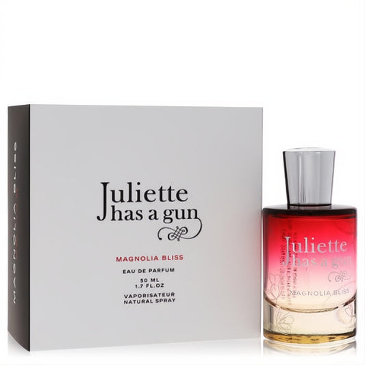 Juliette Has A Gun Magnolia Bliss 1.7 oz EDP. Vibrant red ombre bottle with magnolia floral design, sleek silver cap, and white box.