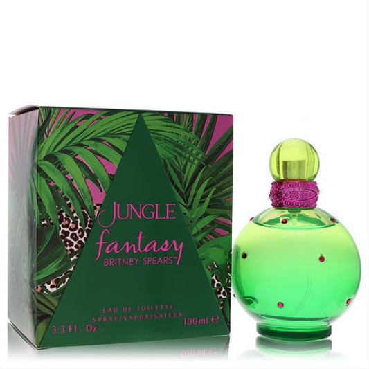 Stunning Britney Spears Jungle Fantasy 100mL EDT spray. Vibrant green bottle with pink gems, paired with an exotic jungle print box.