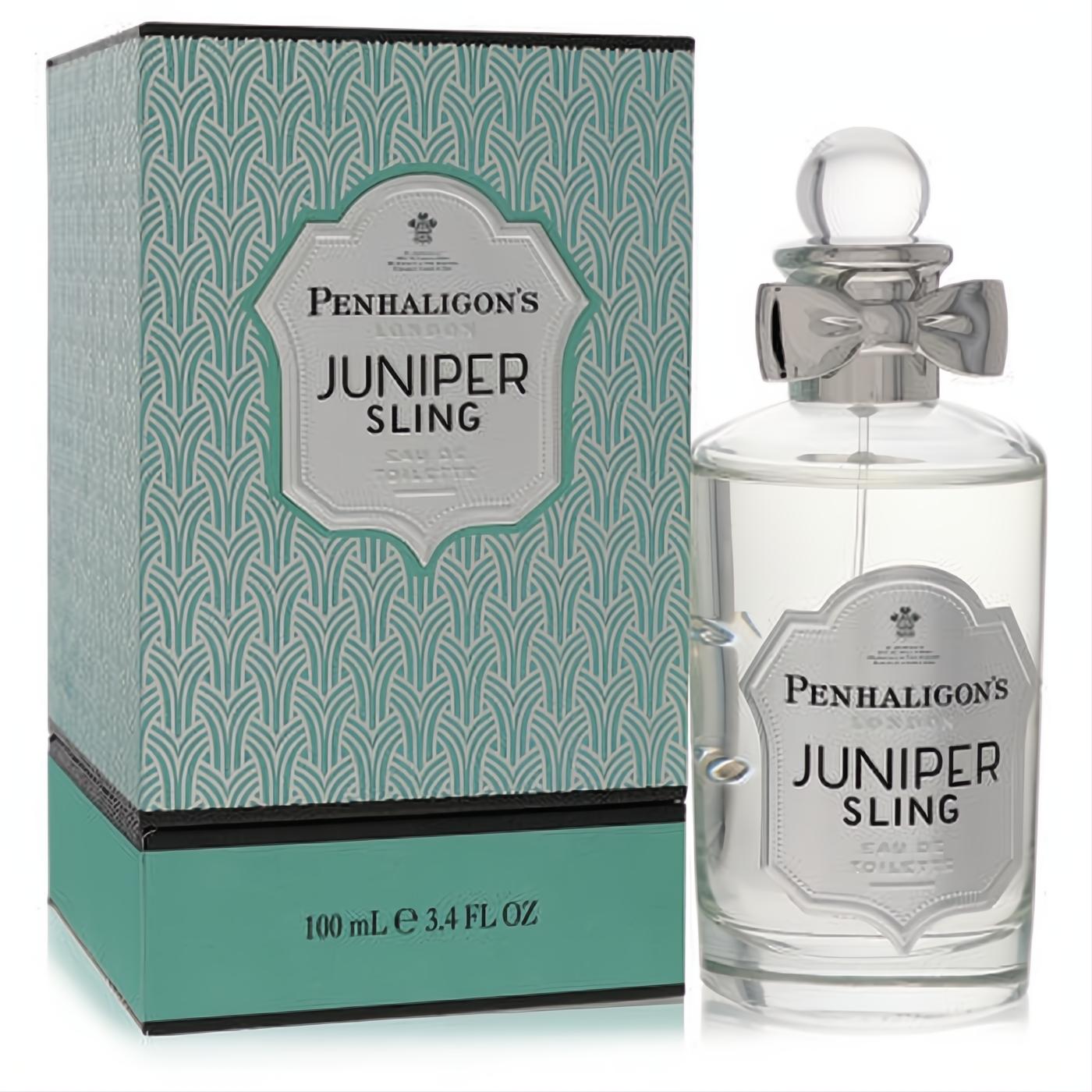 Penhaligon's Juniper Sling 3.4 oz unisex EDT. Elegant clear glass bottle with silver bow, next to its distinctive teal art deco box.