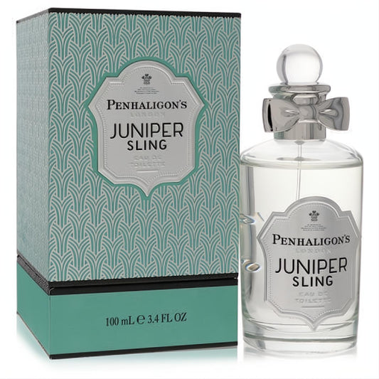Penhaligon's Juniper Sling 3.4 oz unisex EDT. Elegant clear glass bottle with silver bow, next to its distinctive teal art deco box.