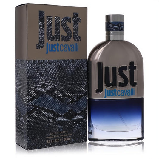 Experience Just Cavalli New 3 oz men's EDT. Bold metallic silver bottle, blue gradient, and exotic snakeskin details.