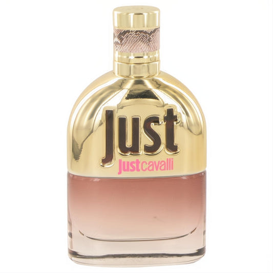 Just Cavalli New women's Eau De Toilette spray. Shiny gold bottle with "just" logo, rose liquid, and textured cap.