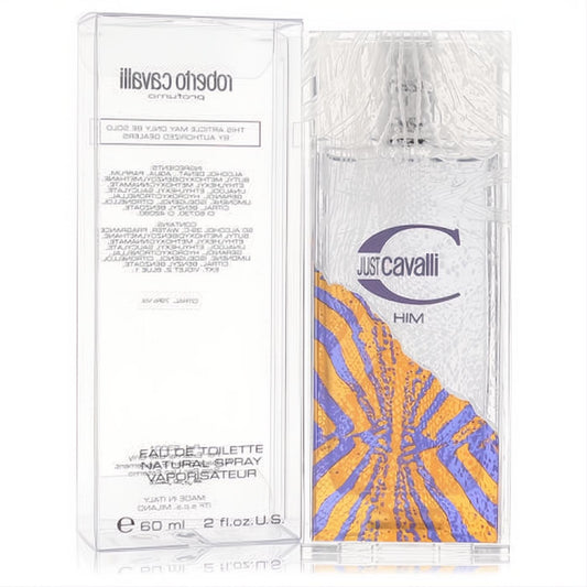 Just Cavalli Him 2oz Eau De Toilette spray. Clear glass bottle with a vibrant orange and purple geometric pattern.